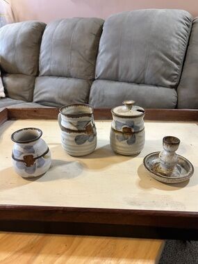 Handmade Pottery Mini Canister Set in Cream, Blue & Brown